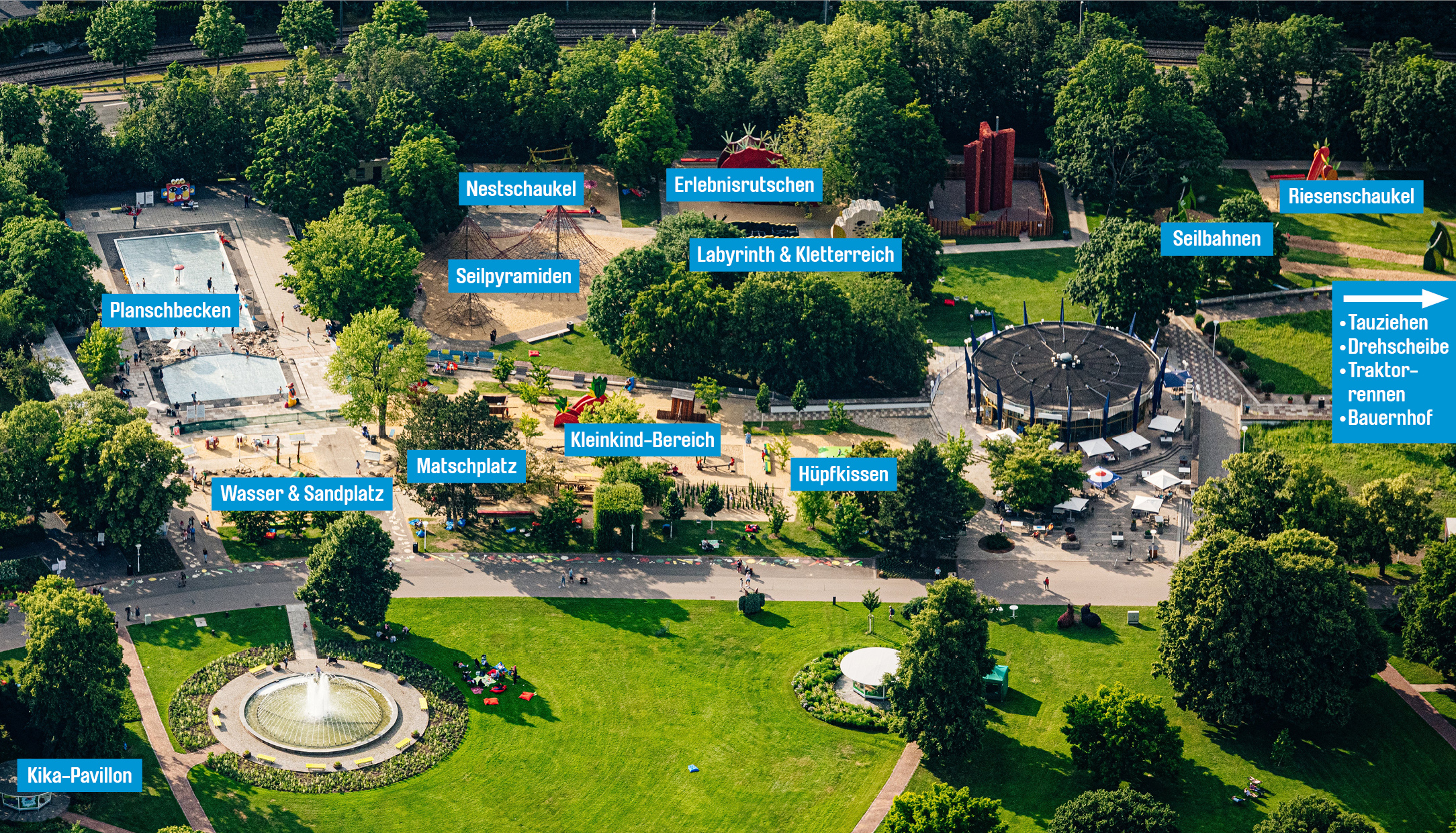 Der Spielplatz und seine Stationen aus der Luft fotografiert